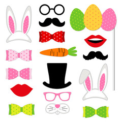 Cute Easter photo booth props as set of party graphic elements of easter bunny costume as mask, ears, eggs, carrot etc © C Design Studio
