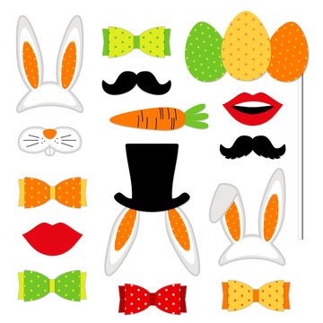 Cute Easter photo booth props as set of party graphic elements of easter bunny costume as mask, ears, eggs, carrot etc