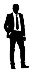 Confident leader standing. Businessman go to work vector silhouette illustration. Handsome man in suite with hands in pockets. Standing casual pose. Relaxed man.