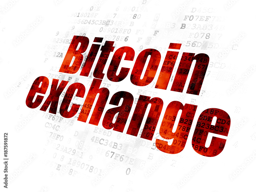 Poster cryptocurrency concept: pixelated red text bitcoin exchange on digital background