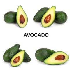 whole and half avocado isolated on white background close-up. Top view. Set or collection