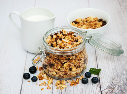 Homemade granola with blueberries