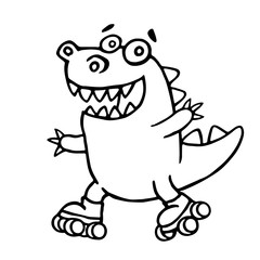 dino racing on rollerblades in the park. vector illustration