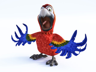 3D rendering of an angry cartoon parrot.