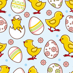 vector flat easter chicken egg, yellow chick, flowers seamless pattern. Spring holiday decorated festive symbol colored with abstract line print for your design. Isolated illustration white background