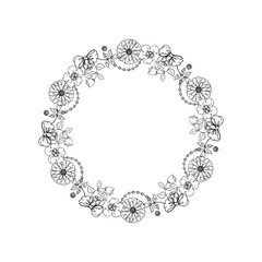 Hand drawn black and white illustration wreath of flowers, leaf. sketch. Vector eps 8.