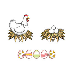 vector flat white colored hen chicken, eggs in hay nest and decorated easter spring festive eggs icon set. Isolated illustration on a white background. Farm poultry chicken