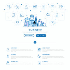 Oil industry concept with thin line icons: oilman with drop of oil, oil producing plant truck, tanker, ship, refinery, barrel. Modern vector illustration, web page template.