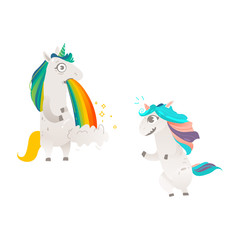 Vector cartoon funny stylized unicorn standing on hind legs with colorful hair and pink horn, unicorn puking rainbow. Fairy mysterious creature, isolated illustration on a white background