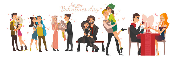 Happy young couples in love - hugging, kissing, dating, proposing, celebrating Valentine day, flat vector illustration isolated on white background. Couples in love, Valentine day celebration set