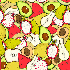 Bright summer fruits: watermelon, apple, pear, lemon,garnet,avocado, banana. Seamless vector pattern background . Fruit print.