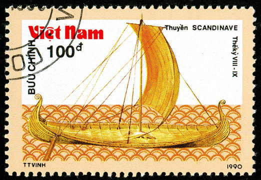 Ukraine - circa 2018: A postage stamp printed in Vietnam shows ship 8th-9th - Century Viking Longship. Series: Ancient boats. Circa 1990.