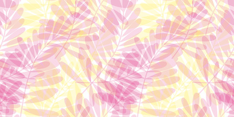 Fototapeta na wymiar Pink and yellow tropical seamless pattern vector illustration for card, invitation, poster, header. Summer exotic forest leaves motif for surface design, fabric, wrapping paper.