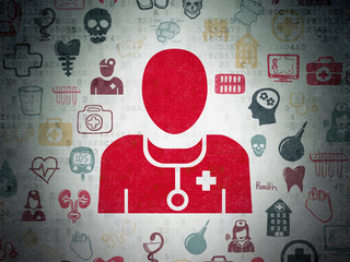 Health concept: Painted red Doctor icon on Digital Data Paper background with  Hand Drawn Medicine Icons
