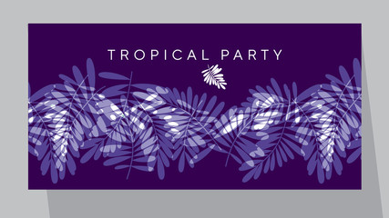 Violet purple tropical pattern vector illustration for card, invitation, poster, header. Exotic forest leaves motif for surface design,