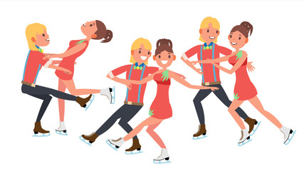 Couple With Ice Skaters Vector. Training Ice Show. Boy And Girl In Pair. Cartoon Character Illustration