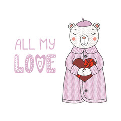Hand drawn vector illustration of a cute funny cartoon bear in cardigan, holding a chocolate heart, with typography. Isolated objects on white background. Design concept for children, Valentines day.