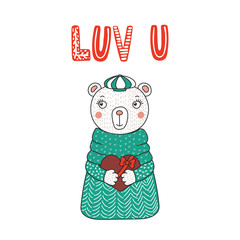 Hand drawn vector illustration of a cute funny cartoon bear in sweater, holding a chocolate heart, with typography. Isolated objects on white background. Design concept for children, Valentines day.