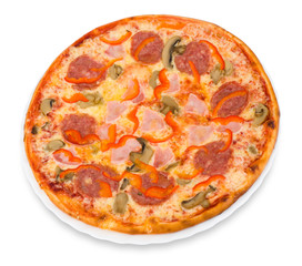 pizza with bacon, peperoni and mushrooms