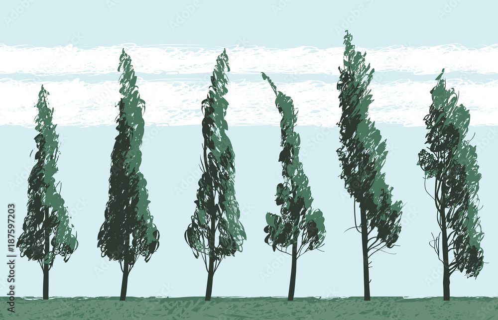 Aufkleber vector landscape with trees in a field on blue sky background. seamless pattern of trees with leaves
