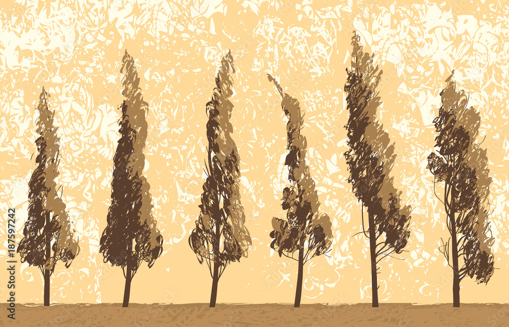 Aufkleber vector landscape with trees in a field on sky background in grunge style. seamless pattern of trees 