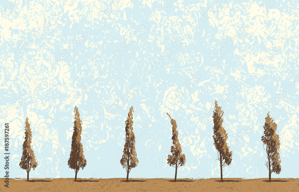 Aufkleber vector landscape with trees in a field on blue sky background in grunge style. seamless pattern of t