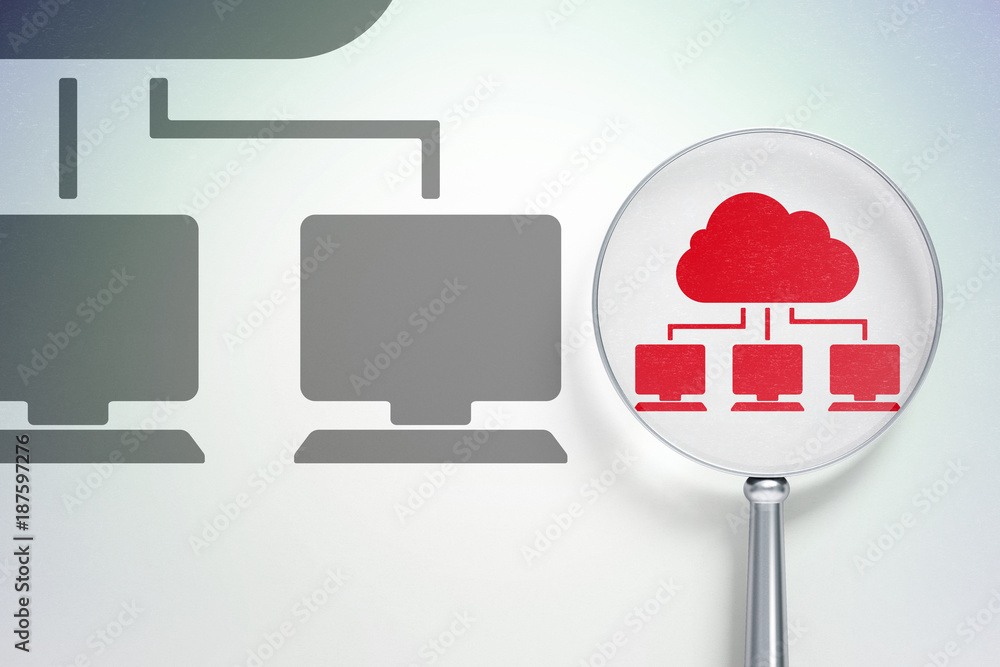 Poster cloud computing concept: magnifying optical glass with cloud network icon on digital background, emp