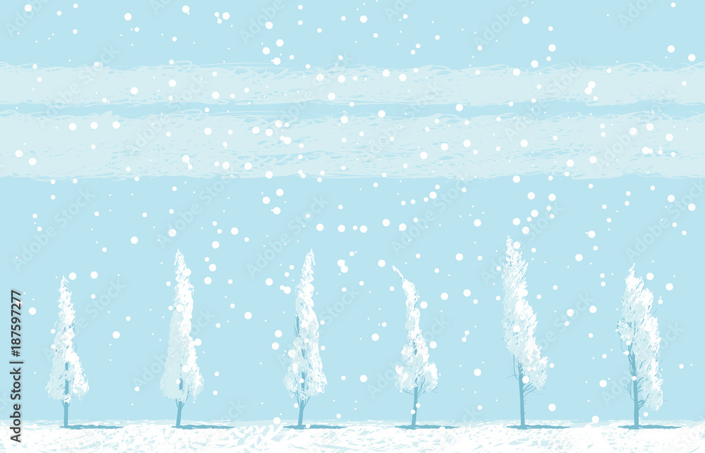 Aufkleber vector winter landscape with snowy trees in a field on blue sky background. seamless pattern of snow