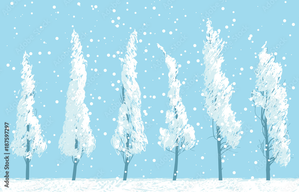 Aufkleber vector winter landscape with snowy trees in a field on blue sky background. seamless pattern of snow