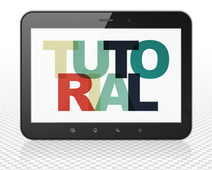 Studying concept: Tablet Pc Computer with Painted multicolor text Tutorial on display, 3D rendering