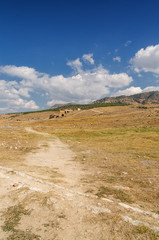 Sunny view of ruins of ancient Hierapolis near Pamukkale, Denizli province, Turkey.