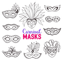 Hand drawn carnival masks collection in line art style. Masqeurade mask sketches for decorating festive invitations, banners, greeting cards.