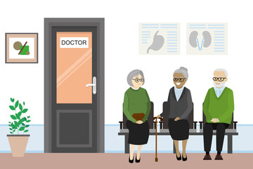 Cartoon door to the doctor's office and the old people are waiting