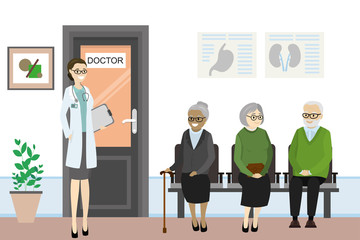 Cartoon door to the doctor's office and old people are waiting