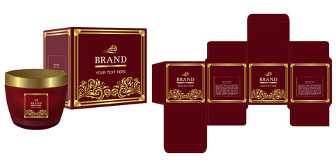 Packaging design, Label on cosmetic container with red and gold luxury box template and mockup box. illustration vector.