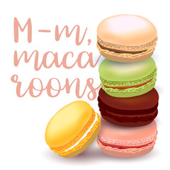 illustration with different flavors of macaroons, hand-drawn and colored with calligraphic text on light background