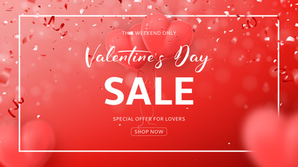 Naklejka premium Red Promo Web Banner for Valentine's Day Sale. Beautiful Background with Realistic Air Balloons in the Form of Heart. Vector Illustration with Confetti and Serpentine.