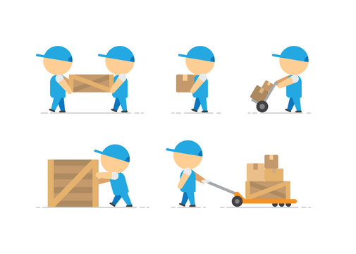 Man loader with wooden box in hands and container on freight trolley vector art