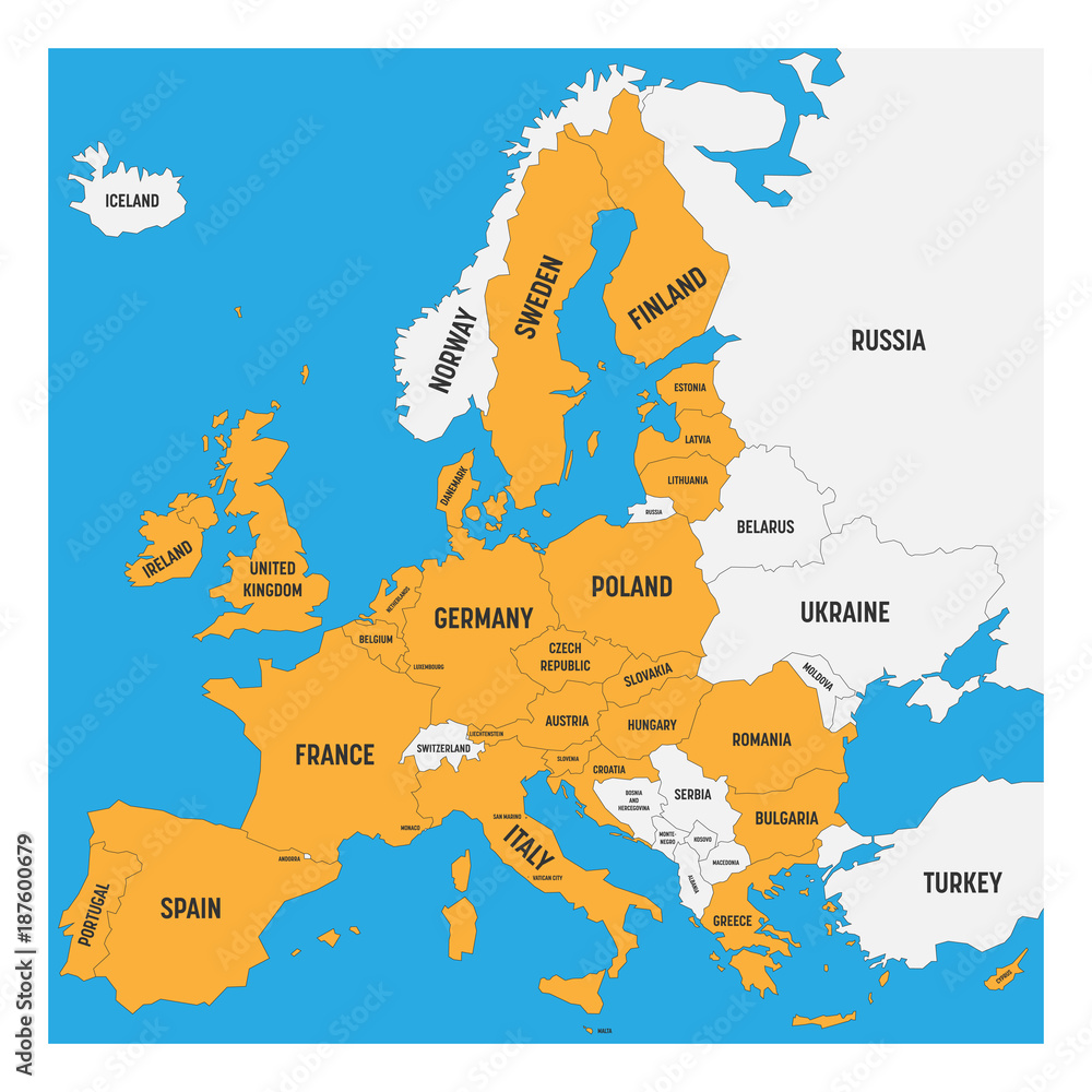 Wall mural political map of europe with white land and yellow highlighted 28 european union, eu, member states. - Wall murals