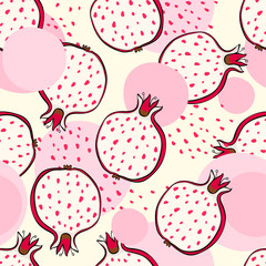Abstract bright colorful pomegranate seamless pattern. Hand drawn brush grunge garnet fruit background.
