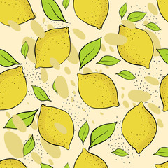 Seamless pattern with lemons on the mint green background. Bright summer design.Hand drawn style.