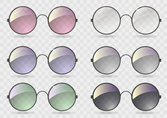 Set of round glasses with different lenses. Retro style. Hippie. Vector graphics with transparency