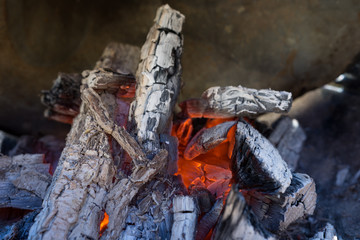 Burning fire wood. Close-up of glowing coals and fire.