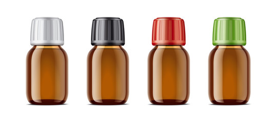 Blank bottles mockups for syrup or other pharmaceutical liquids. Light brown bottles