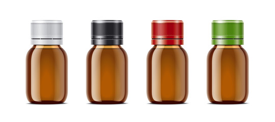 Blank bottles mockups for syrup or other pharmaceutical liquids. Light brown bottles