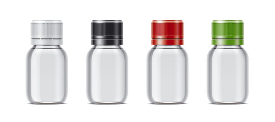 Blank bottles mockups for syrup or other pharmaceutical liquids. Transparent bottles