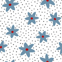 Abstract flowers painted with watercolor brush and polka dot. Cute floral pattern.