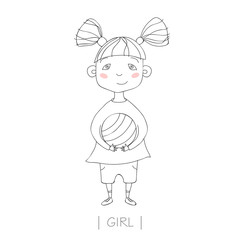 Illustration with cute girl holding a ball. 