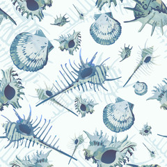 blauwe aquarel schelpen gelast patroon