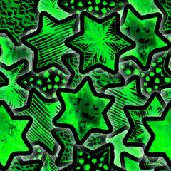Festive Magic Seamless Pattern with Neon Watercolor Stars. Lighting Christmas Tree Garland Background. New Year Flashlights. Hand drawn star print for wrapping, textile, wallpaper, cards, books.